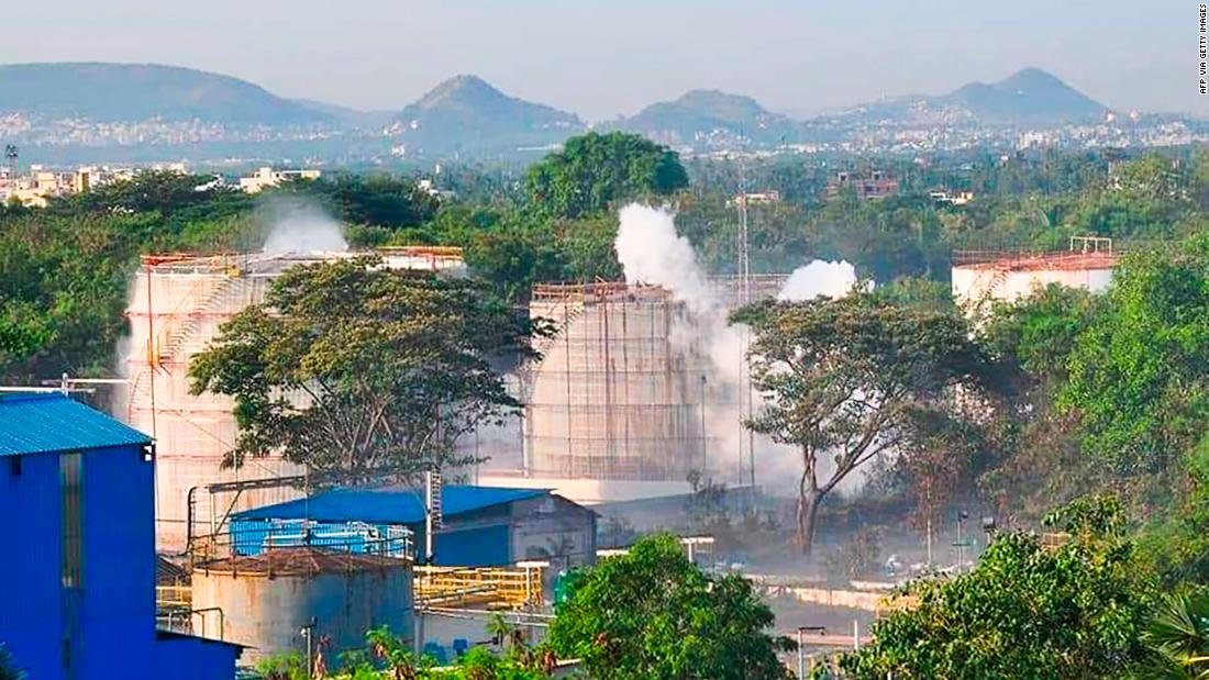 Smokes rise from an LG Polymers plant following a gas leak incident in Visakhapatnam, India, on May 7.