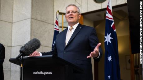 Prime Minister Scott Morrison speaks during a press conference following a national cabinet meeting on May 8 in Canberra, Australia.