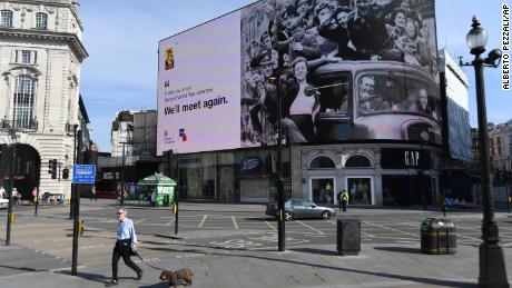 A tribute to VE Day is shown on Friday in London's Piccadilly Circus.