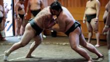 Sumo wrestlers try to push themselves out of the ring 