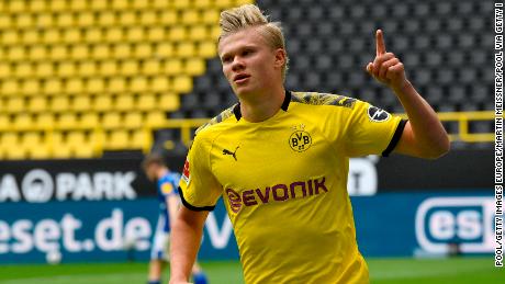 Erling Braut Haaland celebrates after scoring for Borussia Dortmund on Saturday. 