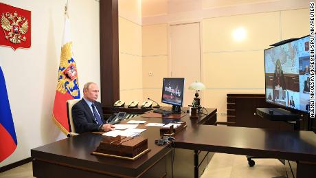 President Putin attends a video conference from his Novo-Ogaryovo state residence outside Moscow on May 14.