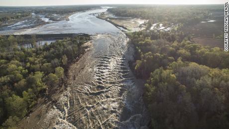 An aerial image taken by a drone shows the breach of Edenville Dam on Wednesday.