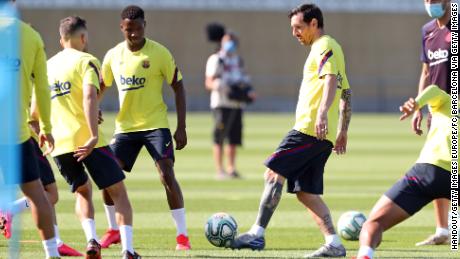 Lionel Messi and his teammates Barceloa take part in a training session at Ciutat Esportiva Joan Gamper earlier this week.