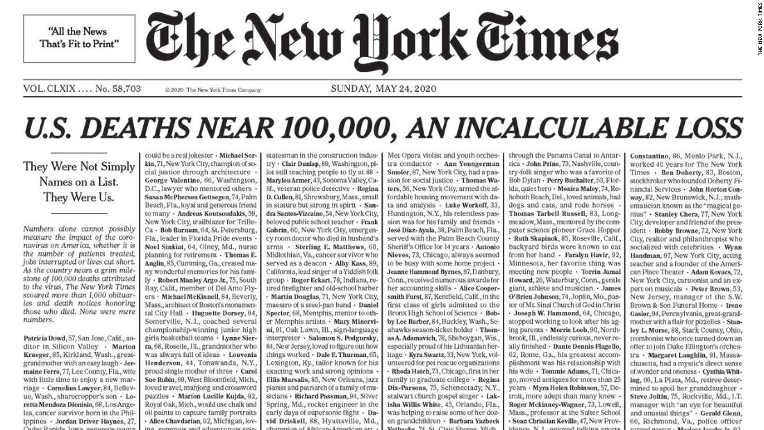 New York Times publishes edition with names of 1,000 coronavirus victims