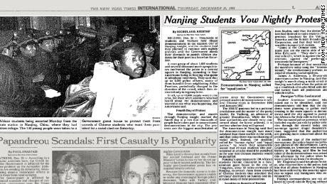 The New York Times reported night protests in Nanjing after Chinese students clashed with Africans.