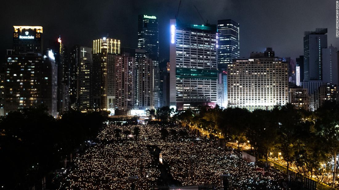 A candlelight vigil, held in Hong Kong&#39;s Victoria Park on Tuesday, remembered the victims of the 1989 massacre in Beijing&#39;s Tiananmen Square.