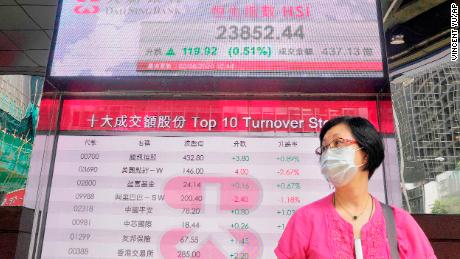 On Tuesday, a woman wearing a mask passes in front of an electronic bank card showing the Hong Kong stock index on the Hong Kong Stock Exchange.