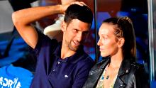 Serbian tennis player Novak Djokovic (L) talks to his wife Jelena during a match at the Adria Tour, Novak Djokovic&#39;s Balkans charity tennis tournament in Belgrade on June 14, 2020.
