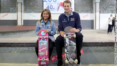 Brown (left) and Tony Hawk, a member of the Laureus Academy, pose during the visit of Laureus Sport for Good Skateboard before the 2020 Laureus World Sports Awards.