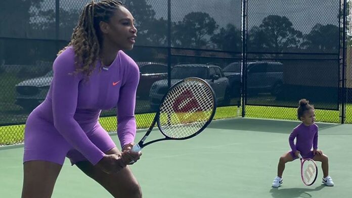 Serena Williams takes to the tennis court with daughter Olympia