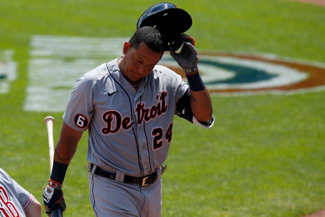 Detroit Tigers first baseman Miguel Cabrera returns to the dugout after striking out in the sixth inning vs. the Cincinnati Reds at Great American Ball Park in Cincinnati on Sunday, July 26, 2020.