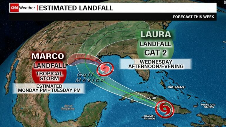 A weakened Tropical Storm Marco and a strengthening Tropical Storm Laura are heading for the Gulf Coast