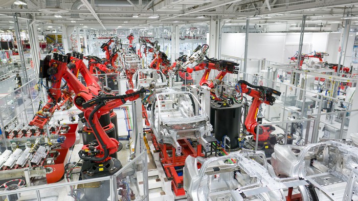 Vehicle production at Tesla's factory in Fremont, California.