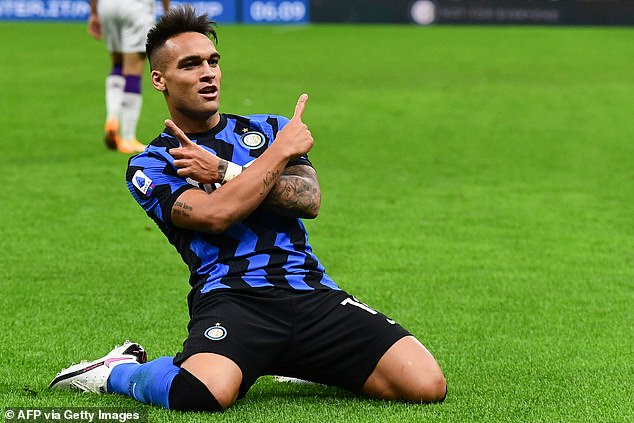 Lutoro Martinez celebrates after scoring Inter's first goal in first half stoppage time