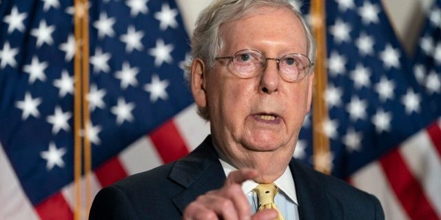 After a meeting with Senate Republicans on Wednesday, September 9, 2020, on Capitol Hill in Washington, Quena Senate majority leader Mitch McConnell is speaking.  (Associated Press)