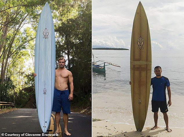 Surfer and photographer Dr. Falg Falter lost his favorite surfboard (left in October 2015) while riding a flower in Hawaii in February 2018.  It returned to the Philippines in August 2018 after six months where Giovan Branzuela bought it from a local fisherman.  Picture of Baranzuela on Sarangani Island in the Philippines in 2020.  The board turned from pale blue to yellow on a long voyage across the Pacific Ocean