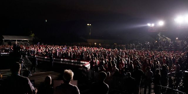 A crowd listens as President Donald Trump speaks at a rally at Minden-Taho Airport on Saturday, September 12, 2020, in Mindanao, Nev.  (Associated Press)