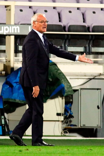 Sampdoria coach Claudio Ranieri shouts instructions during the Serie A soccer match between Fiorentina and Sampdoria at the Artemio Franchi Stadium in Florence, Italy, Friday, Oct. 2, 2020. (Marco Bucco/LaPresse via AP)
