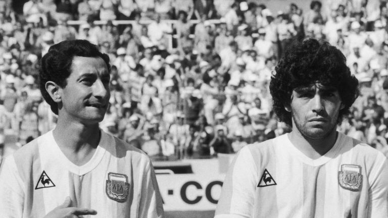 Argentine footballers Osvaldo Ardils and Diego Maradona, before their World Cup match against Brazil, July 1, 1982