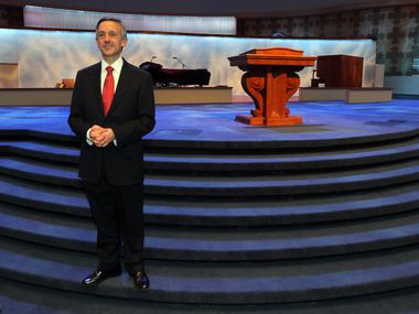 Pastor Robert Jeffreys is pictured in the new sanctuary of the First Baptist Church of Dallas, renovated March 13, 2013.