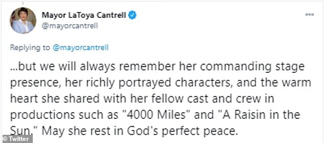 Cantrell wrote: 'We will always remember her commanding stage presence, her rich portrayal of characters and the warm heart she shared with her fellow cast and crew.'
