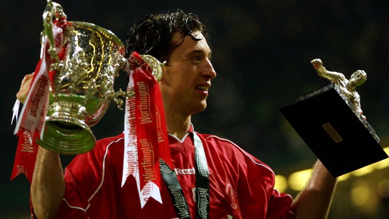     Liverpool's Robbie Fowle won the Worthington Cup and Man of the Match trophy by beating Birmingham City at the Millennium Stadium in Cardiff on Sunday 25 February 2001.  Fowle scored the first half goal which Liverpool won 6-5 after extra time and penalty.  .