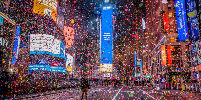 Confetti takes off after the Times Square New Year's Eve ball falls into an almost empty Times Square due to the COVID-19 lockdown, in the early hours of Friday, January 1, 2021.
