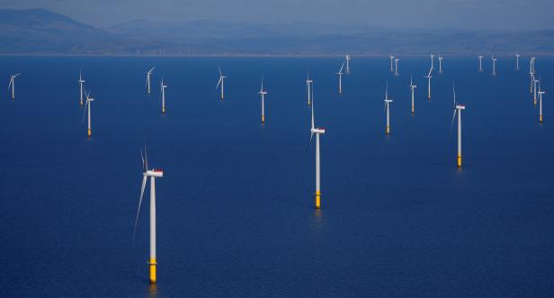 FILE PHOTO: General view of the Walney Extension offshore wind farm operated by Orsted on the waterfront of Blackpool