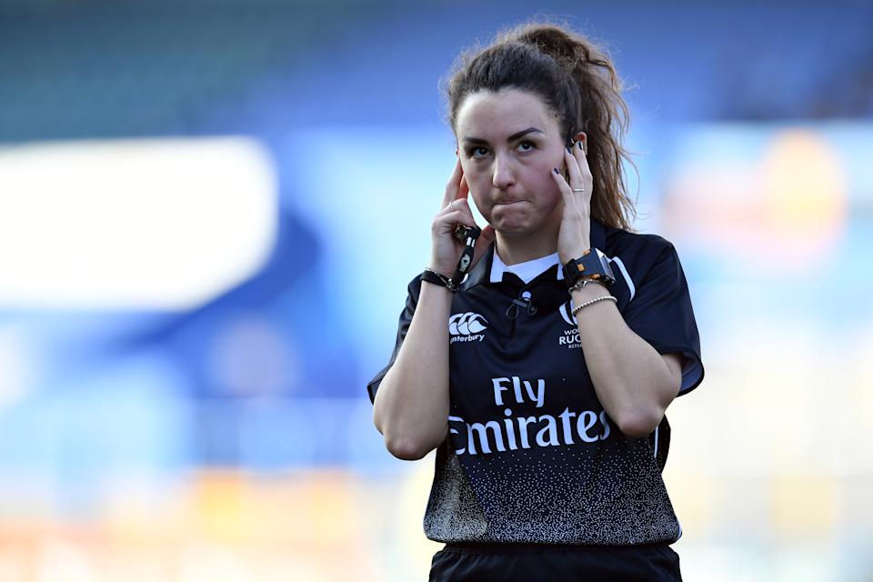 CARDIFF, WALES - FEBRUARY 24: The referee, Clara Munarini checks out video replays during the women's Six Nations match between Wales Women and England Women at Cardiff Arms Park on February 24, 2019 in Cardiff, Wales.  (Photo by Dan Mulan – RFU Archive via RFU/Getty Images)