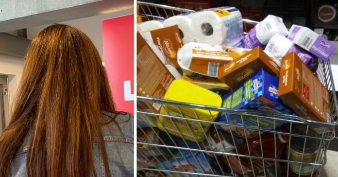 As the elderly couple's card doesn't go to Aldi, a young girl pays for her shopping cart, 
