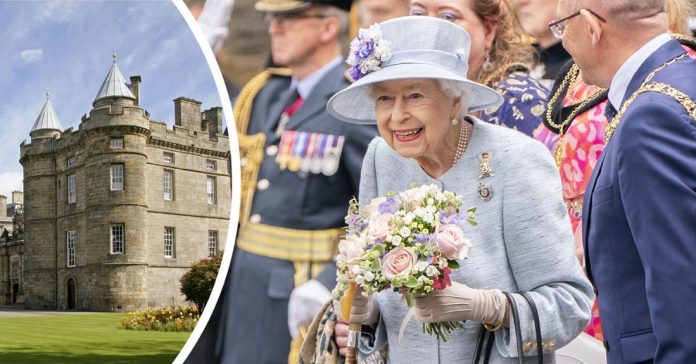 Queen Elizabeth II holds the opening sign for Holyrood Week 2022 in front of Holyrood Palace in Edinburgh.  (photomontage).