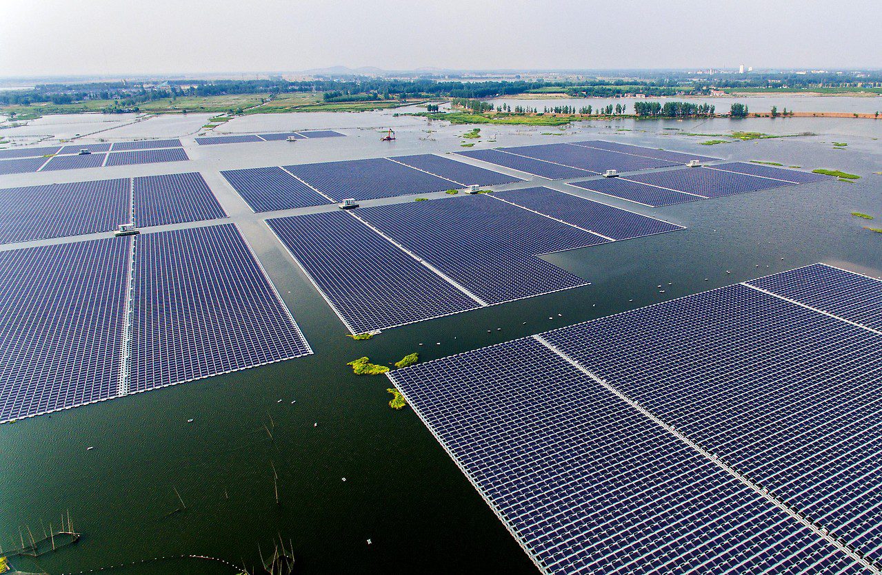 Aerial view of floating solar power plant in Huanan, China