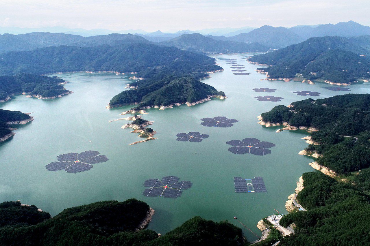 Aerial view of a floating solar array at the Hapch'on Dam in South Korea