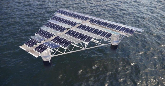 Floating photovoltaic system charges batteries that are towed by boats


